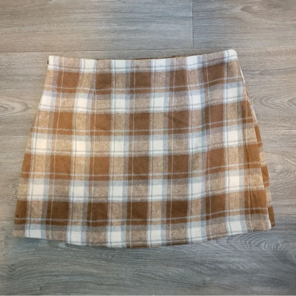 Lulus Mad for Plaid Brown and Blue Plaid Faux Wrap Mini Skirt Xlarge - Picture 4 of 6